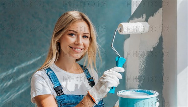 AI generated, woman, woman, a young girl paints a wall with new paint, white, whiter, white, renovation of old flat, paint roller, ladder, paint, 20, 25, years, a, a person, daughter, student, pastime, family, girl, smiling, smiling, fun at work, laughing, laughing, laughing, dungarees, jeans