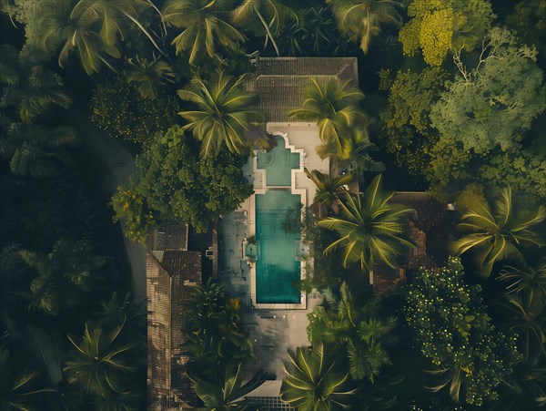 Aerial view of a secluded luxury villa with a swimming pool surrounded by tropical trees, Playa del Carmen beach in Mexico, AI generated