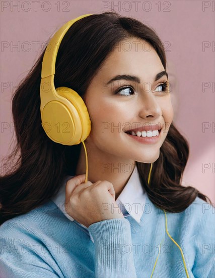 AI generated, human, humans, person, persons, woman, woman, girls, 20, 25, years, one person, interior shot, sitting on the sofa and listening to music with headphones, relaxed, relaxed, yellow headphones, beautiful teeth, beautiful eyes, smiling, happy, dark-haired woman