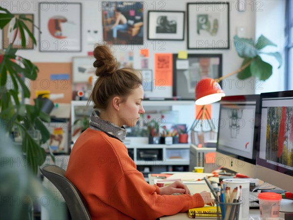 A woman focused on her work in a vibrant and creative office setup, creative professional, AI generated