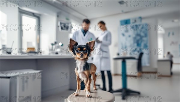 Small toy terrier dog at a veterinary clinic appointment, AI generated
