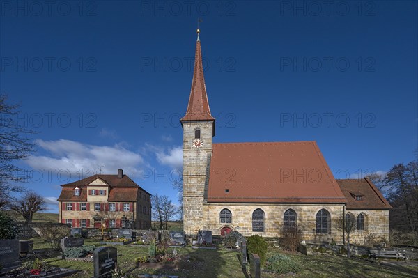 St Egidien Church with the historic vicarage from 1734, Beerbach, Middle Franconia, Bavaria, Germany, Europe