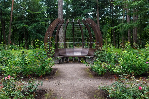 A forest park with large trees and creative benches and arches. Druskinikai, Lithuania, Europe