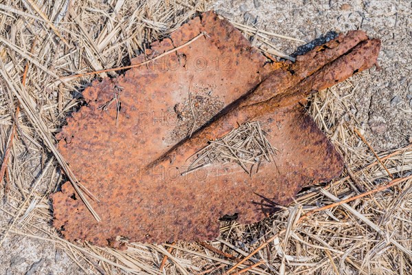 Rusted remains of metal spade shovel on concrete and dried grass in South Korea