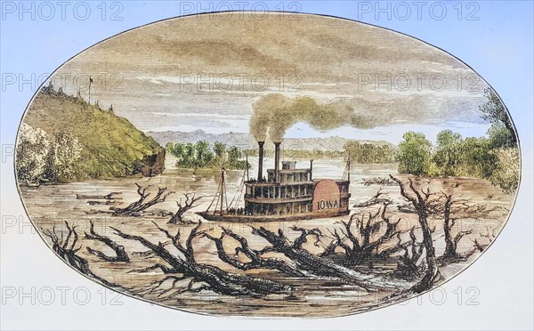 Paddlewheel steamboat on the upper Missouri in the 1870s. From American Pictures Drawn With Pen And Pencil by Rev Samuel Manning c. 1880, United States, America, Historic, digitally restored reproduction from a 19th century original, Record date not stated, North America