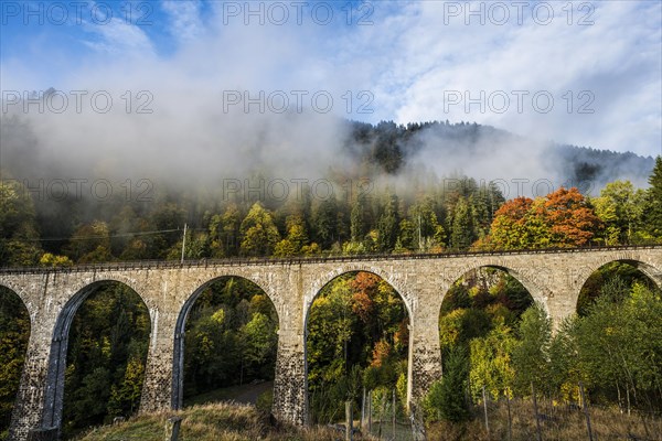 Railway bridge in the Ravenna Gorge, Hoellental in autumn, near Freiburg im Breisgau, Black Forest, Baden-Wuerttemberg, Germany, Europe