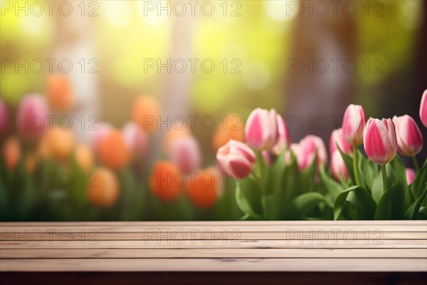 Wooden empty board with defocused blooming colorful tulip spring flowers in background. KI generiert, generiert AI generated