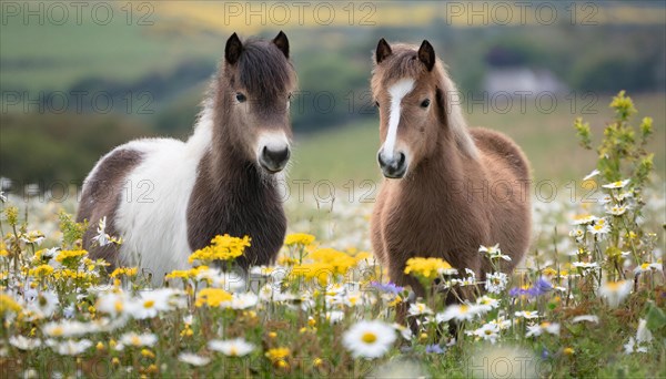 KI generated, animal, animals, mammal, mammals, biotope, habitat, two, flower meadow, foraging, wildlife, meadow, pasture, Exmoor pony, horse, horses, ungulates, English pony breed, South West England, Exmoor, (Equus ferus caballus), foal