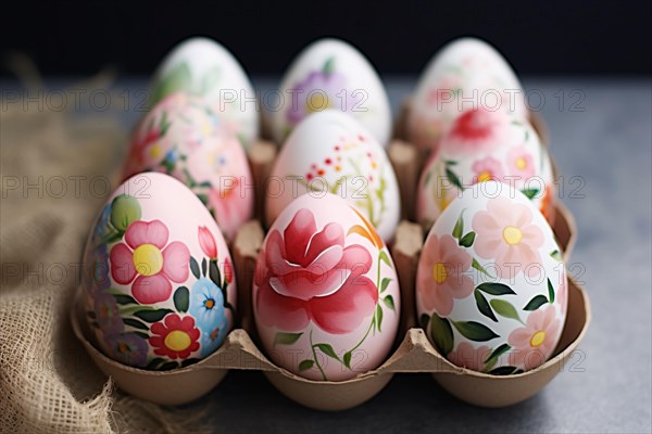 White easter eggs painted with beautiful colorful flowers. KI generiert, generiert AI generated