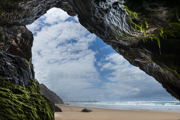 Rocky beach landscape, rocks, sea, Atlantic coast, rocky coast, beach, rock formation, cave, algae, green, natural landscape, travel, nature, Southern Europe, Carrapateira, Algarve, Portugal, Europe