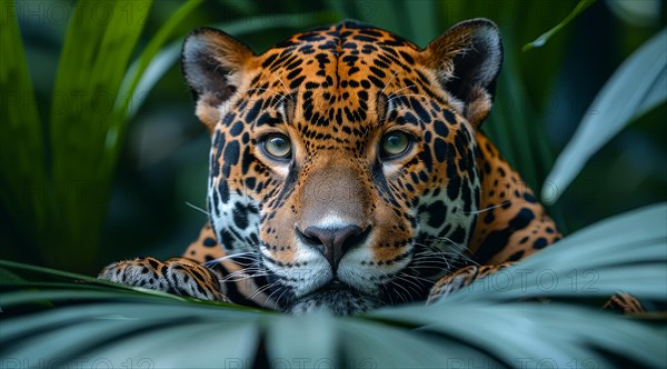 The Jaguar (Panthera onca), The King of the Amazon Jungle, peeking through lush green foliage with alert eyes, ai generated, AI generated