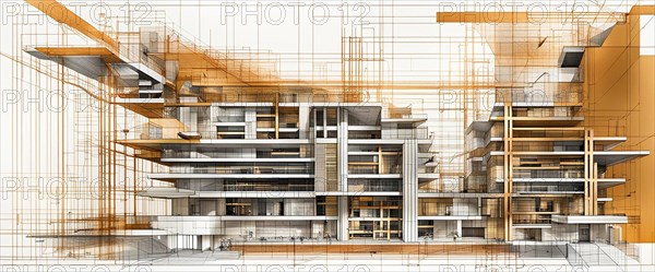 Complex architectural design blending a detailed blueprint with a sepia-toned 3D perspective, horizontal aspect ratio, off white background color, AI generated