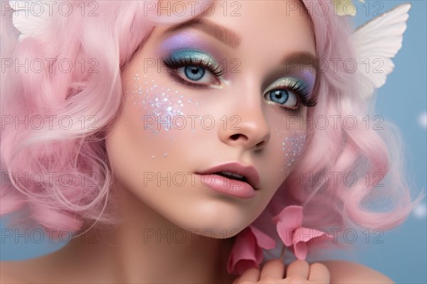 Face of young woman with fairy makeup and pink hair. KI generiert, generiert AI generated