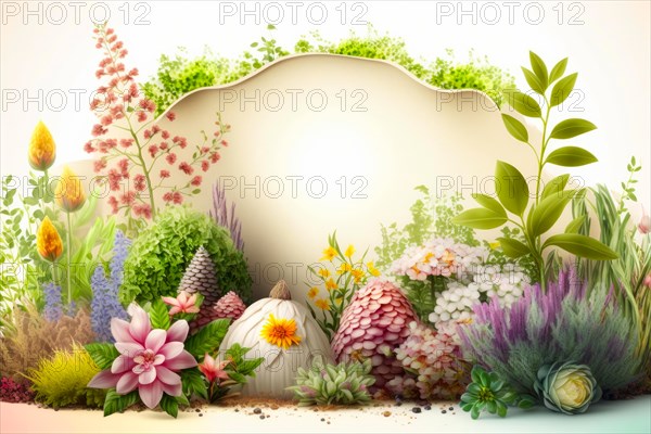 Colorful floral border with a blank center for text or images nestled among fresh greenery, Spring garden background illustration, generated ai, AI generated