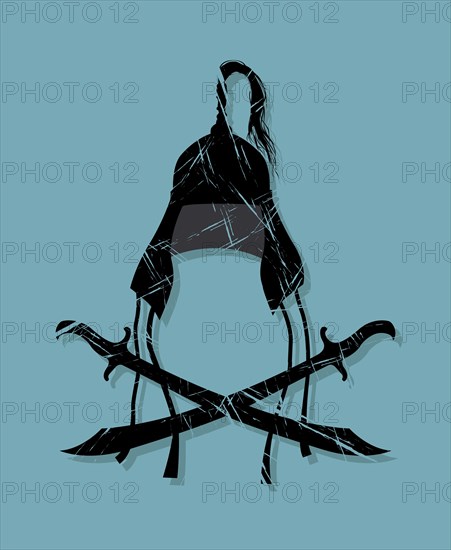 Tatar warrior helm and swords, vector grunge effect