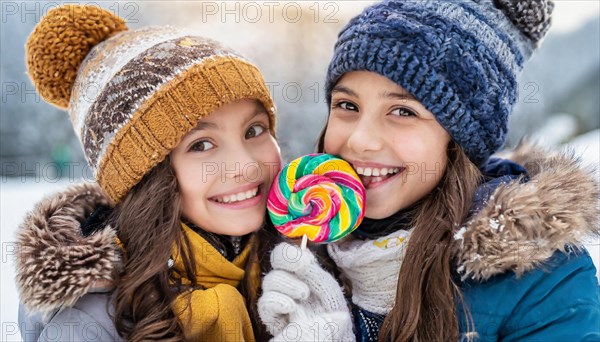 Two girls 12 15 years happy about a big lollipop bobble hat winter jacket portrait laughing beautiful eyes beautiful teeth winter ice snow cold cold sisters