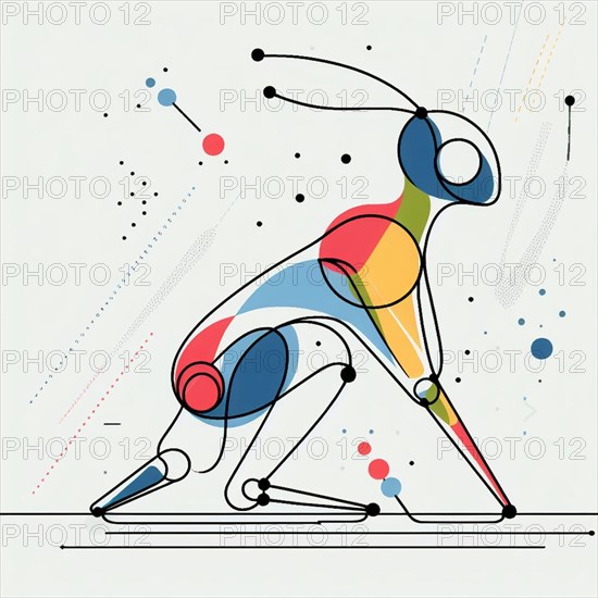 Colorful abstract geometric representation of a dynamic runner in motion, continuous line art, creature is stylized and simplified to the most basic geometric forms, exaggerated features, adorned with splashes of primary colors, clean white solid background, with subtle geometric shapes and thin, straight lines that intersect with dotted nodes and overlap the figures. The overall aesthetic is modern and contemporary, AI generated