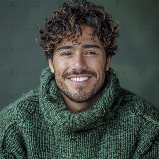 Portrait of a happy student standing in front of a colored background with a trendy sweater smiling, AI generated