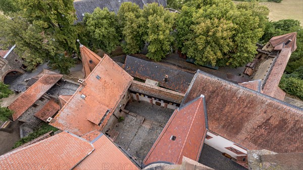 Castle gates, gate buildings 1 to 4, castle courtyard of the outer bailey, Zinzendorfbau, battlements with rondel of the Zwinger, Ronneburg Castle, medieval knight's castle, Ronneburg, view from the keep, Ronneburger Huegelland, Main-Kinzig district, Hesse, Germany, Europe