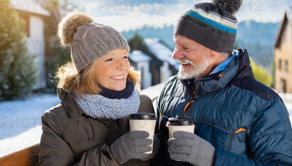 AI generated, human, humans, person, persons, woman, woman, two persons, 60, 65, years, seniors, senior couple, couple, coffee, coffee mug, coffee to go, man, senior, outdoor, ice, snow, winter, seasons, drinks, drinking, cap, bobble hat, gloves, winter jacket, cold, cold, portrait