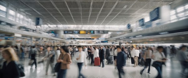 Busy airport scene with motion blur showing hurried travelers and modern architecture, horizontal wide aspect ratio, daylight, AI generated