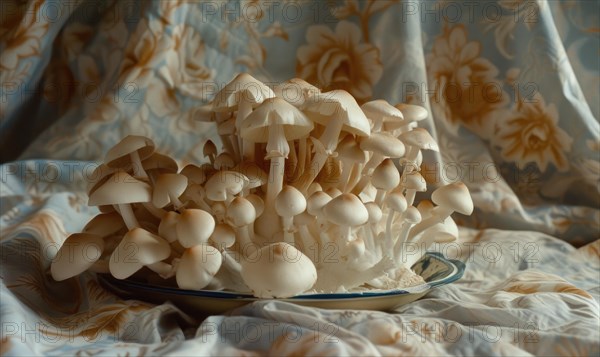 Bunch of white shimeji mushrooms on a saucer AI generated