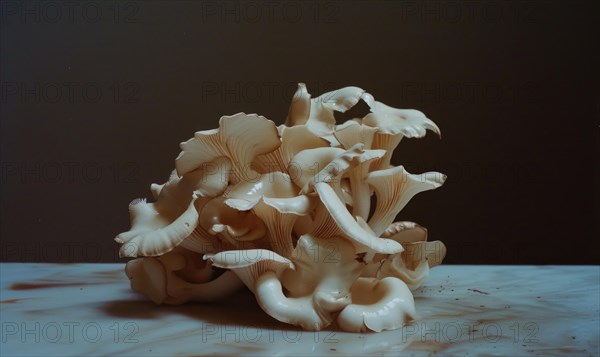 Oyster mushrooms on a marble table. Selective focus. AI generated