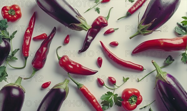 Eggplant, chili peppers and parsley on a white background. AI generated