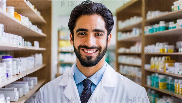 AI generated, A young pharmacist in his pharmacy, portrait, 30, 35, years, man, men, male, bearded, beautiful teeth, smiling, profession, professions, medicines in the background, a person