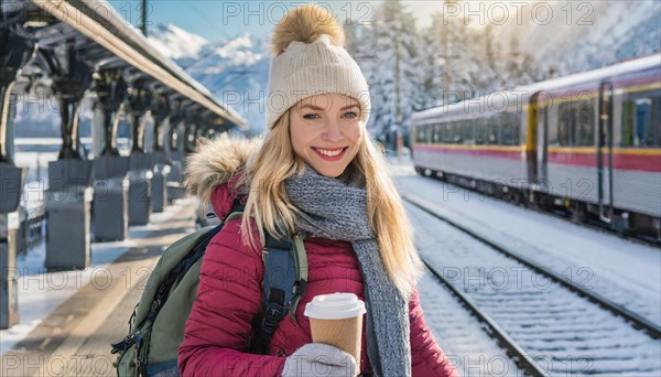 AI generated, A young blonde woman wants to travel and waits for the train at the station, 20, 25, blonde, blond, blonde, modern, noderne, aluminium suitcase, handbag, winter jacket, boots, sexy, attractive, attractive, long-haired, transport, traffic, coffee to go in hand, coffee, coffee cup