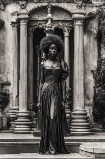 Regal african woman with an afro hairstyle standing by classical greek columns and facade, AI generated