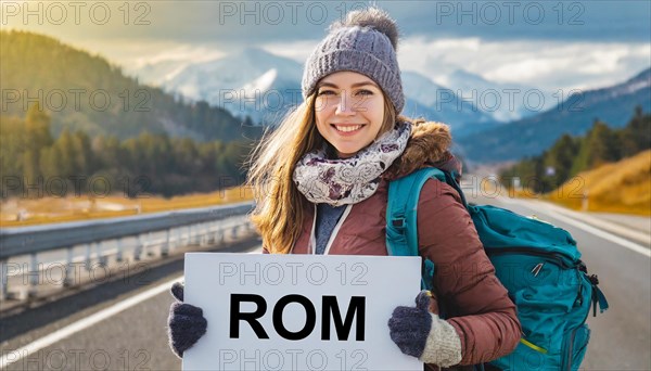 AI generated, human, humans, person, persons, woman, woman, one person, 20, 25, years, outdoor, seasons, cap, bobble hat, gloves, winter jacket, cold, cold, backpack, woman wants to travel, hitchhiking, hitchhiking, hitchhiking, road, motorway, sign saying Rome
