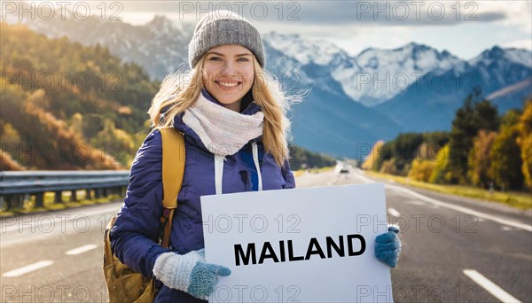 AI generated, human, humans, person, persons, woman, woman, one person, 20, 25, years, outdoor, seasons, cap, bobble hat, gloves, winter jacket, cold, cold, backpack, woman wants to travel, hitchhiking, hitchhiking, hitchhiking, road, motorway, sign saying Milan