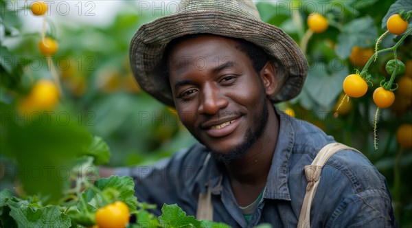 Young farmer with a genuine smile among tomato plants, ai generated, AI generated