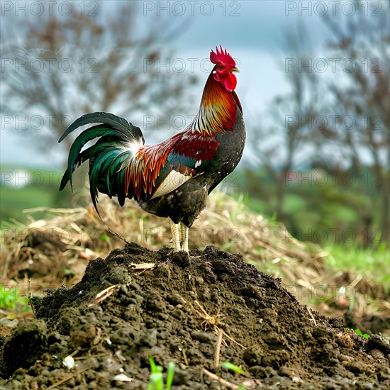 A proud, colourful rooster, standing on a molehill and looking into the surroundings, AI generated, AI generated