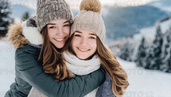 AI generated, human, humans, person, persons, woman, woman, girls, 20, 25, two people hugging, two friends, snow, laughing, smiling, outdoor, ice, winter, seasons, cap, bobble hat, gloves, winter jacket, cold, coldness, love, affection