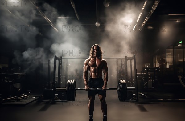 A pumped up muscular bodybuilder is working out with a barbell in the gym in the dark, AI generated