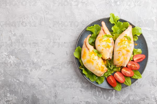 Stuffed baked squid with greens on a blue ceramic plate on a gray concrete background, top view, flat lay, copy space