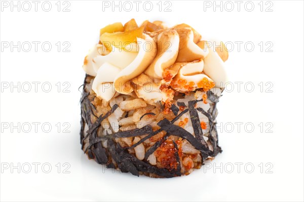 Japanese maki sushi rolls with cream cheese isolated on white background. Side view, close up, selective focus