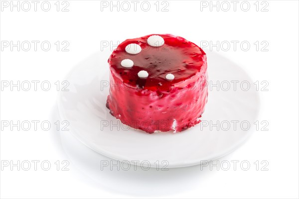 Red cake with souffle cream isolated on white background. side view, close up