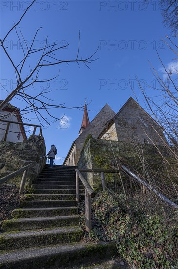 Staircase to St Egidienkirche, Beerbach, Middle Franconia, Bavaria, Germany, Europe