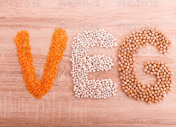 Word Vegan made of lentils, buckwheat, beans, rice and chickpeas on a wooden background