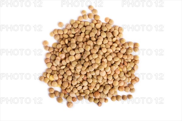 Pile of green lentils isolated on white background. Top view