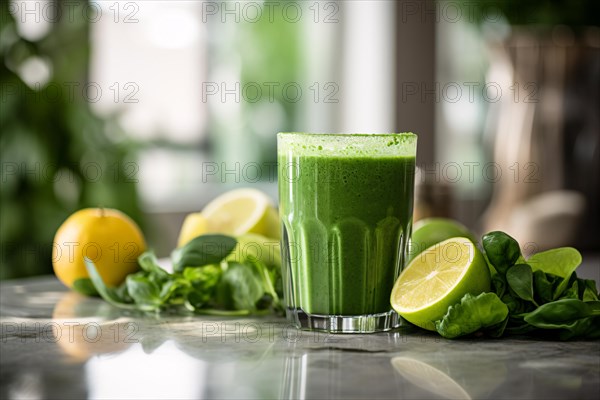 Green smoothie drink with fresh fruit and vegetable ingredients. KI generiert, generiert AI generated