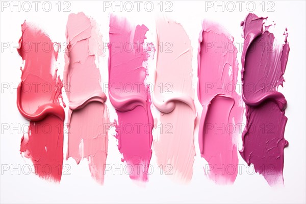 Swatches of different colors of lipsticks or blushers on white background. KI generiert, generiert AI generated
