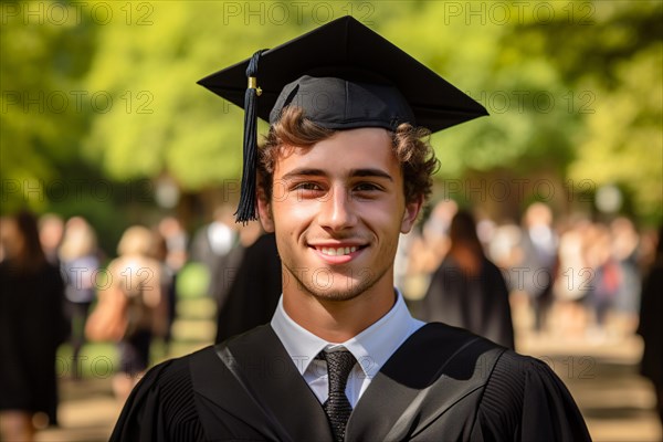 Young happy man wearing graduation cap and robe. KI generiert, generiert AI generated