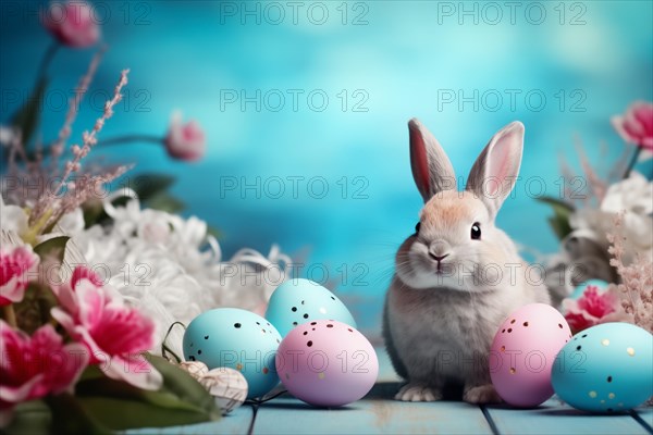 Cute Easter bunny sits beside colorful, decorated eggs amidst a vibrant green field under the bright, sunny sky. The festive spirit of Easter and the joy of nature, AI generated