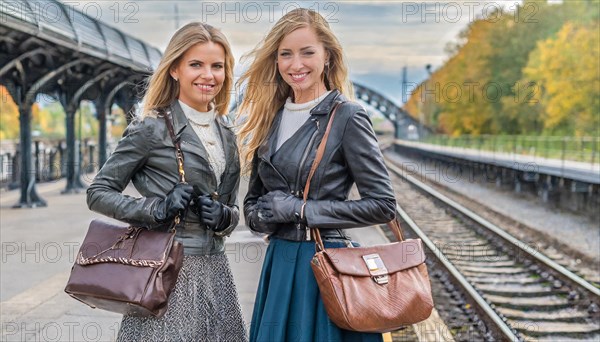 AI generated, Two young blonde woman want to travel and wait for the train at the station, 20, 25, blond, blonde, blonde, modern, noderne, aluminium suitcase, handbag, fur jacket, boots, sexy, attractive, attractive, long-haired, transport, traffic