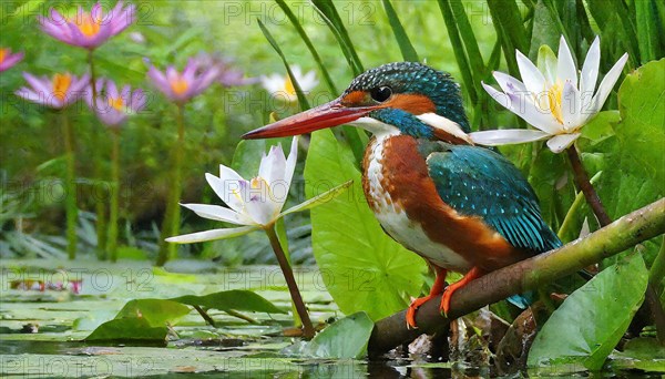 KI generated, animal, animals, bird, birds, biotope, habitat, a, individual, water, perch, reeds, water lilies, blue sky, foraging, wildlife, summer, seasons, white-throated kingfisher (Halcyon smyrnensis)