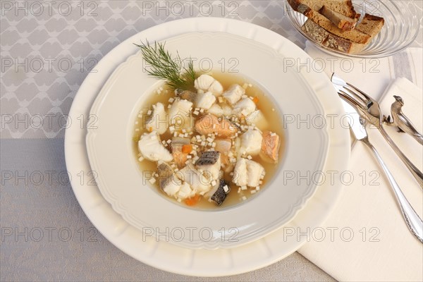 Swabian cuisine, Lake Constance fish pot, fish soup, healthy food, broth, fillet of pike, char, pikeperch, fish leftovers, fish pieces, herbs, dill, food plate, soup plate, fish cutlery, sliced bread in glass bowl, food, studio, fish dish, cooking, typical Swabian, Germany, Europe